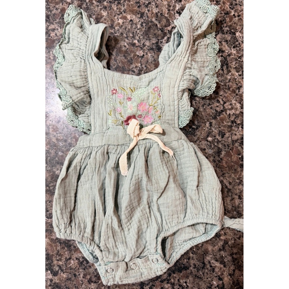 Sage Green Floral Embroidered Muslin Romper Lace Flutter Sleeve Sunsuit Boho